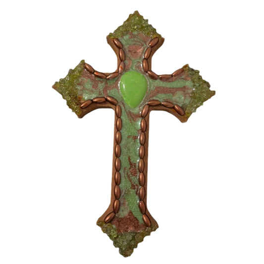 Resin Cross Wall Hanging with Green Gemstones – 12"x8" on Wooden Backing