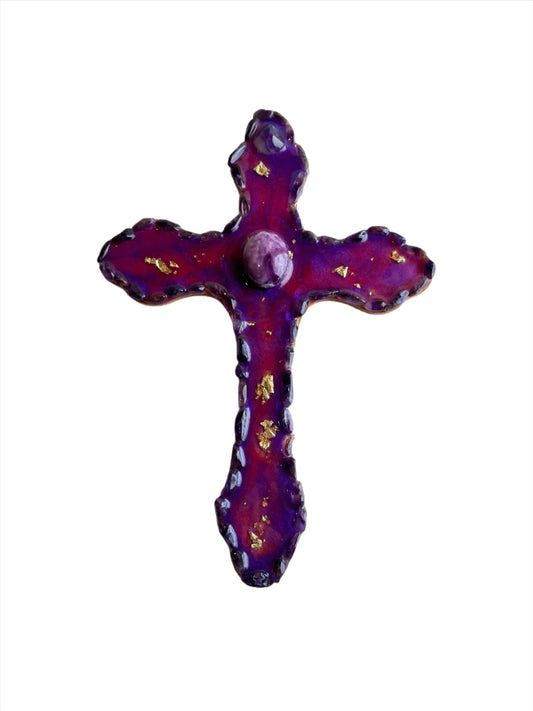 Resin Cross Wall Hanging with Purple Gemstones and Gold Flakes – Layered on Wood, 9.5"x7"