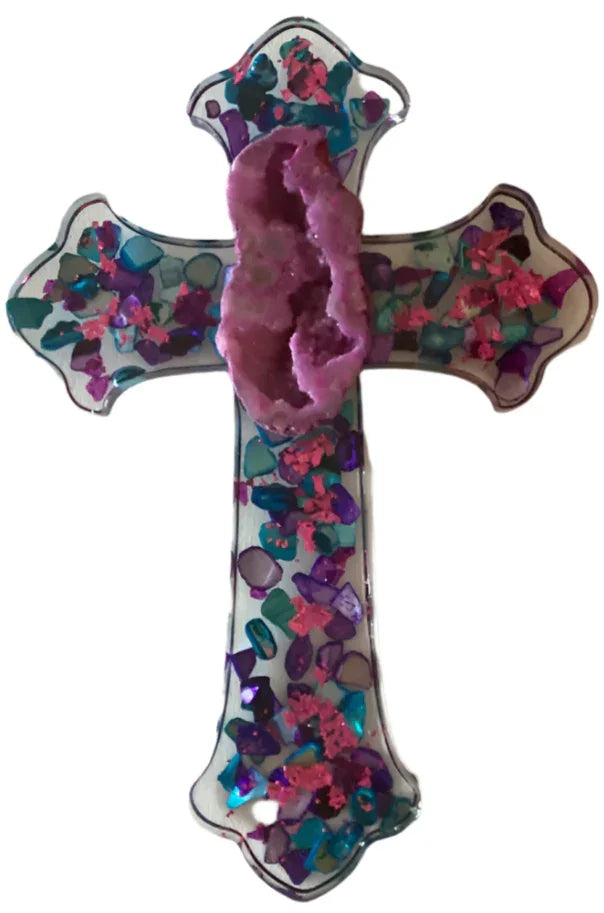 Resin cross with colorful shells and pink geode, coastal Christian decor, 9x6 inches, by Brigitte Rosson.