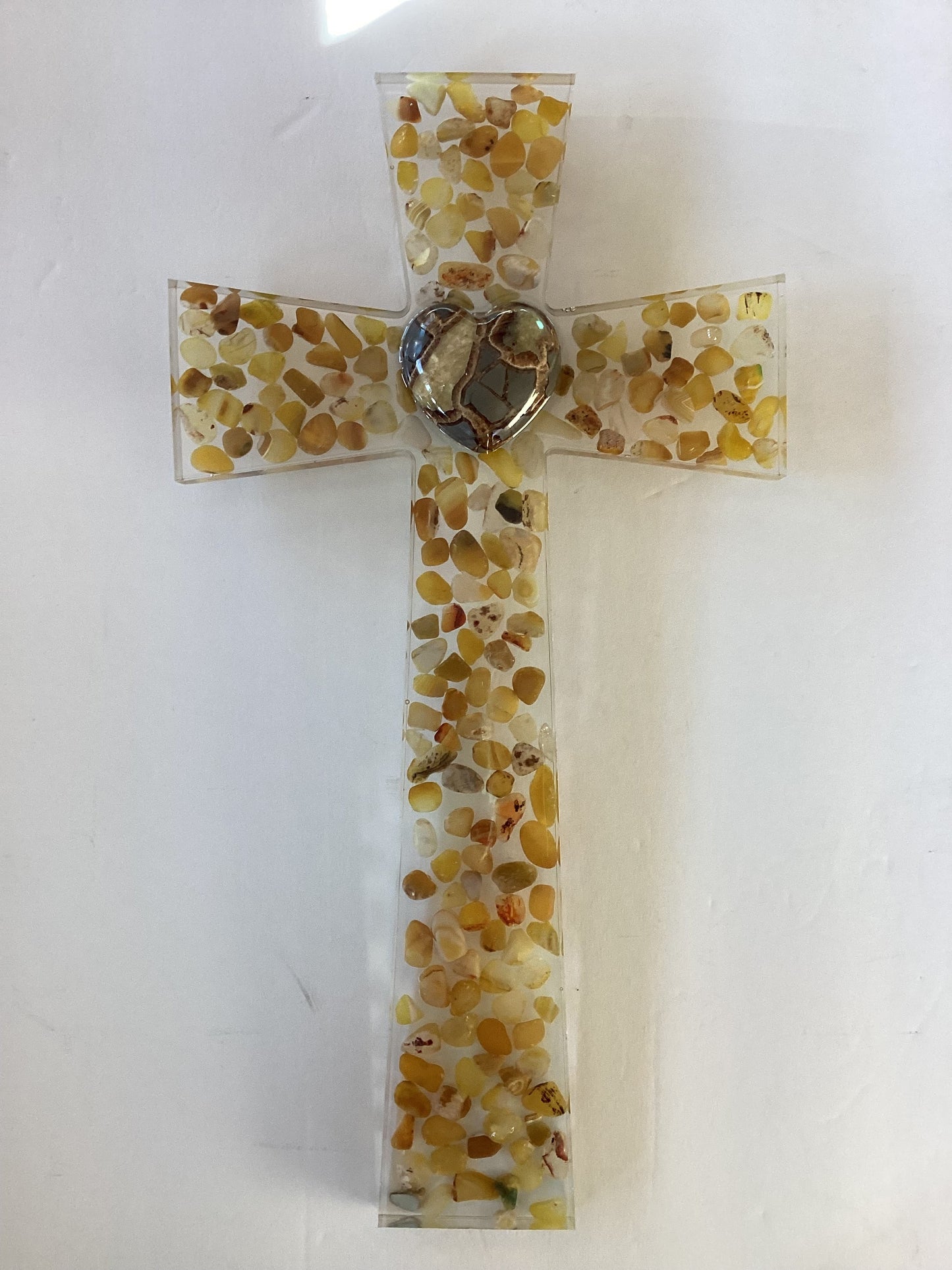 Resin cross with inlaid stones & rock heart - Ysleta Mission Gift Shop