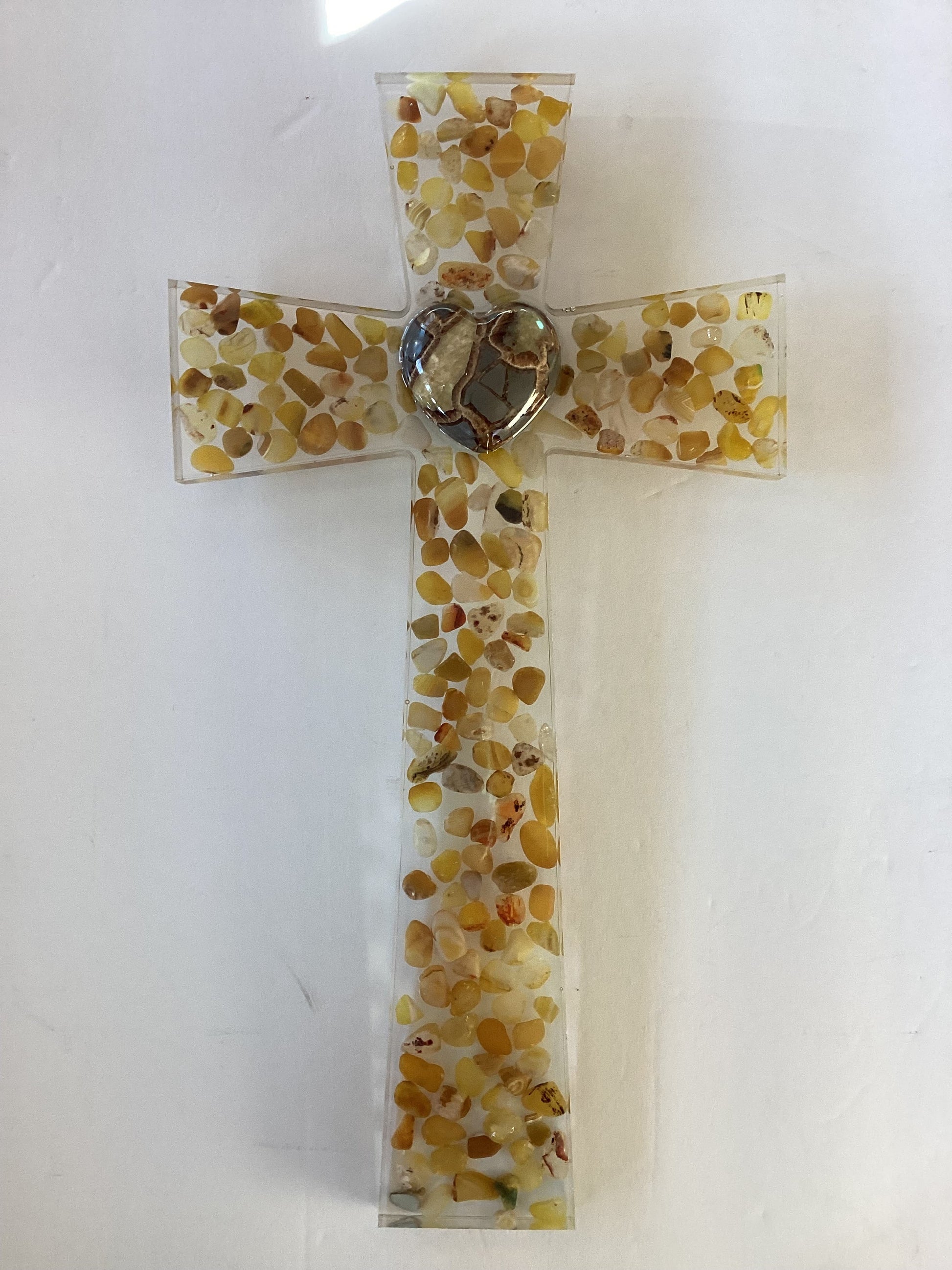 Resin cross with inlaid stones & rock heart - Ysleta Mission Gift Shop