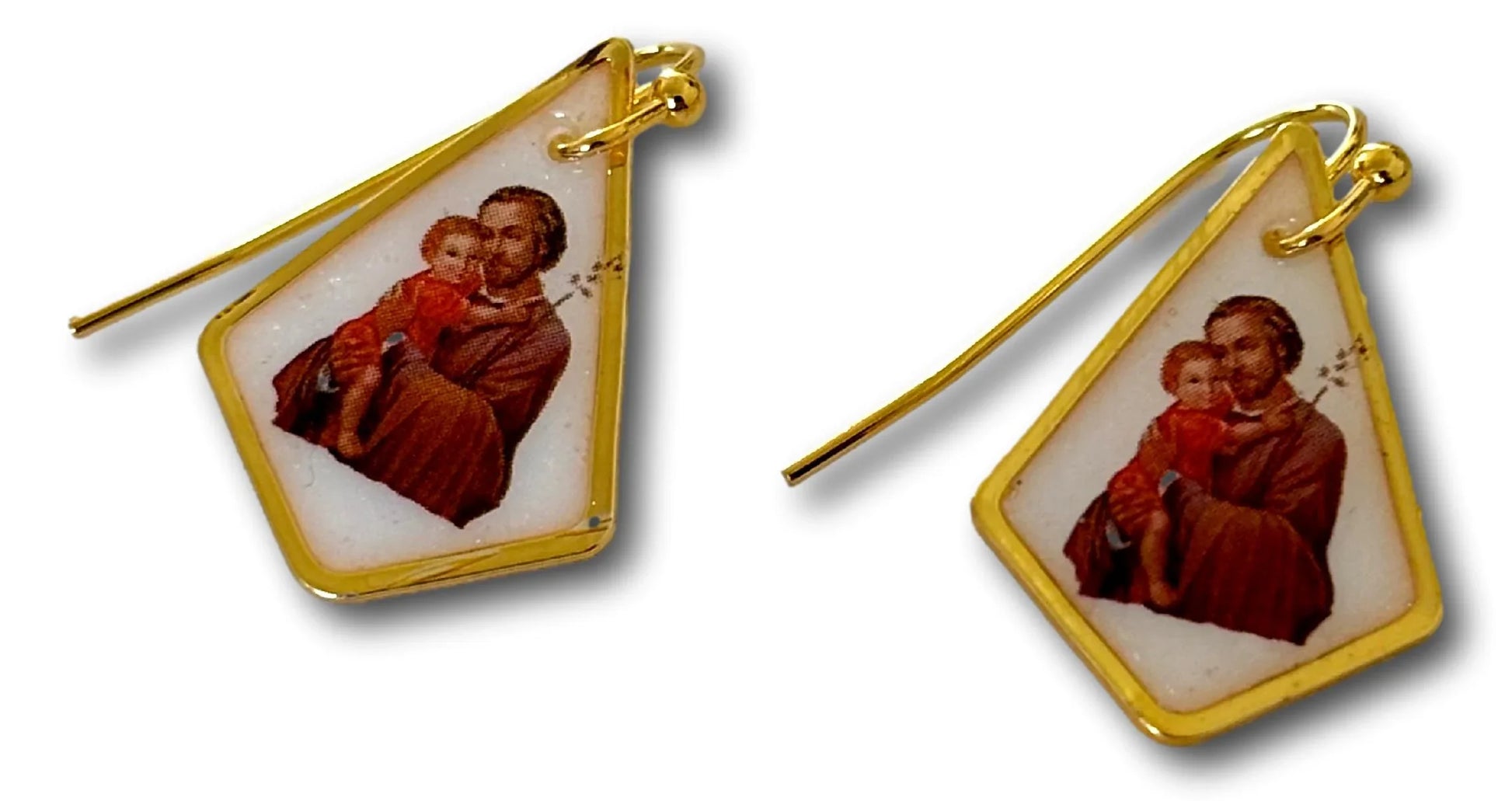 Resin Saint Joseph earrings with 18k gold-plated brass and hypoallergenic hooks, 1x1 inch jewelry by Melissa Cortinas.