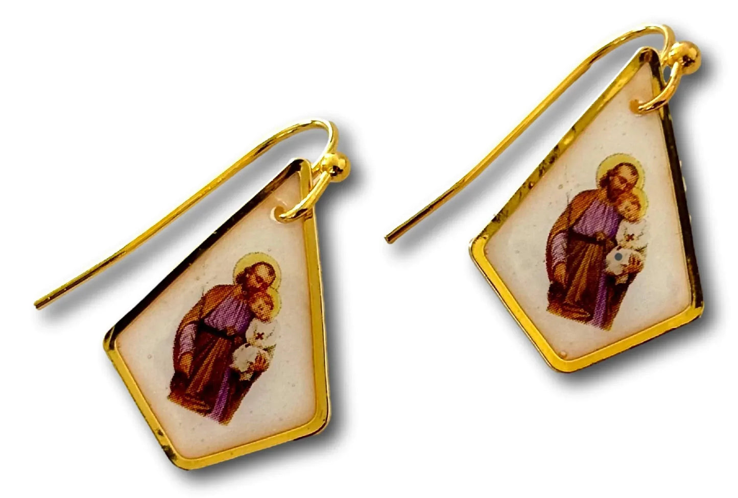 Resin Saint Joseph earrings, 1x1 inch, with 18k gold-plated brass hooks, hypoallergenic jewelry by Melissa Cortinas.
