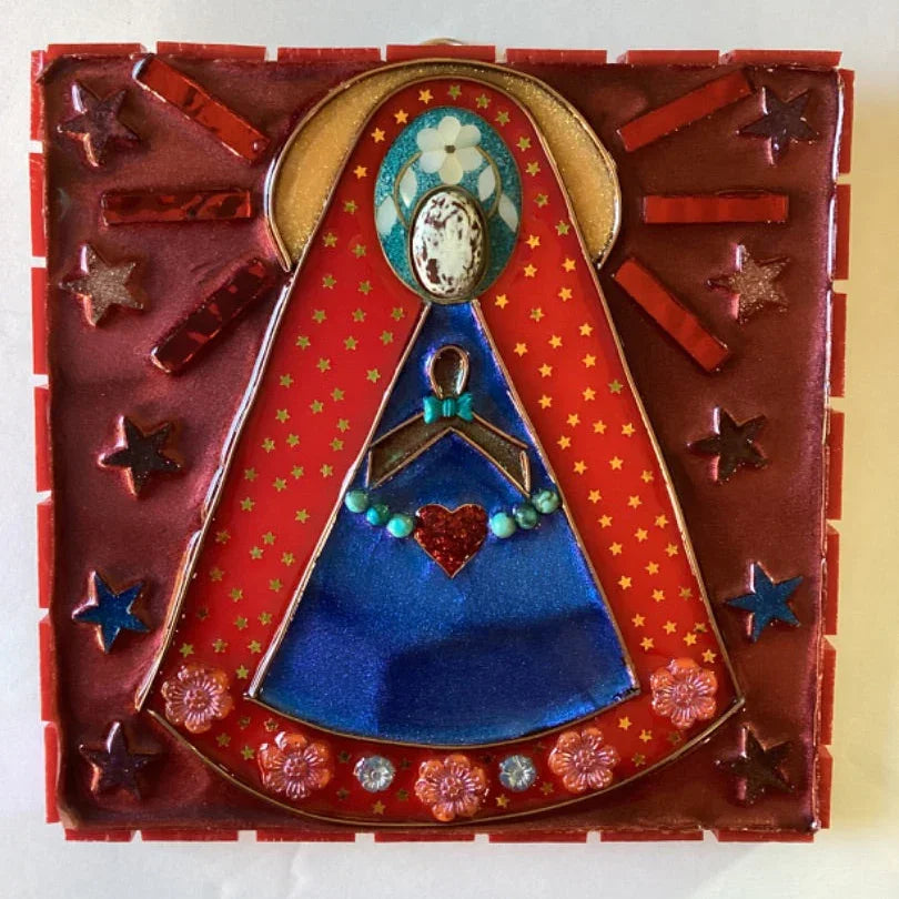 Resin Virgin Artwork on Wood with Jewels – Original Art 6x6 - Ysleta Mission Gift Shop