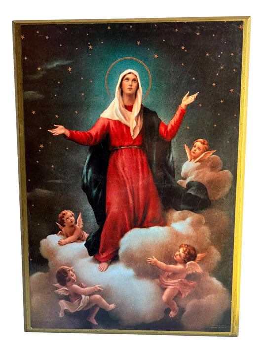 Retablo Wall Hanging – Blessed Virgin Mary in Clouds with Child Angels, 16"x12"