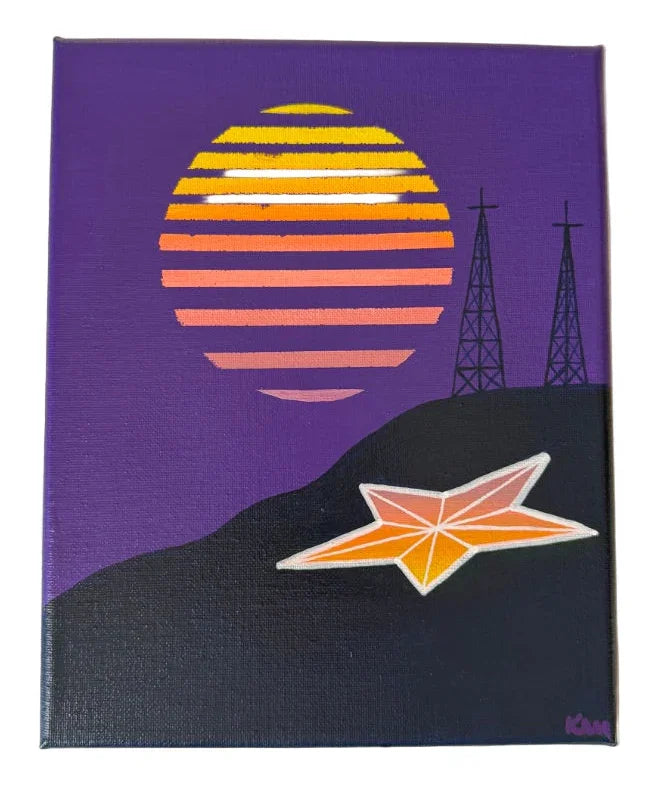 Original Retro El Paso Sun 8x10 canvas painting by Krystal Molina, featuring vibrant sunset scene for home decor.