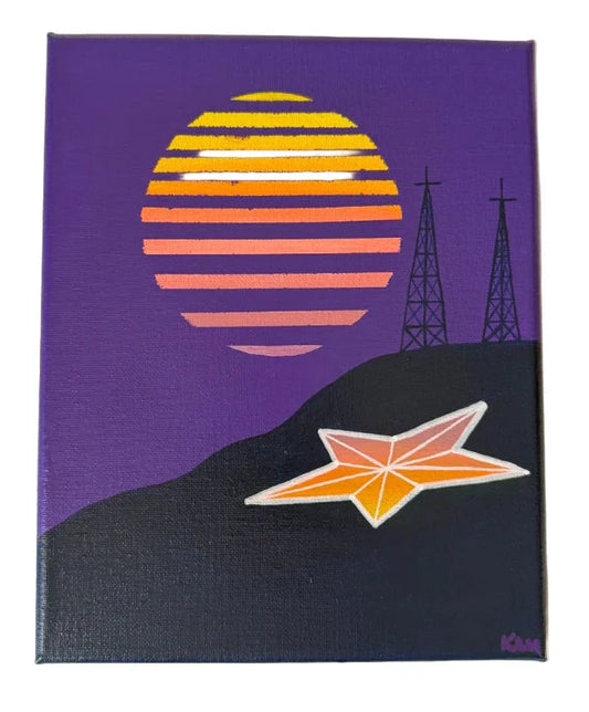 Original Retro El Paso Sun 8x10 canvas painting by Krystal Molina, featuring vibrant sunset scene for home decor.