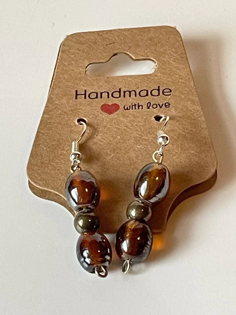 Root Beer Brown Glass Bead Earrings by Sylvia Leroux, 2-inch jewelry earrings with glossy beads and silver findings.