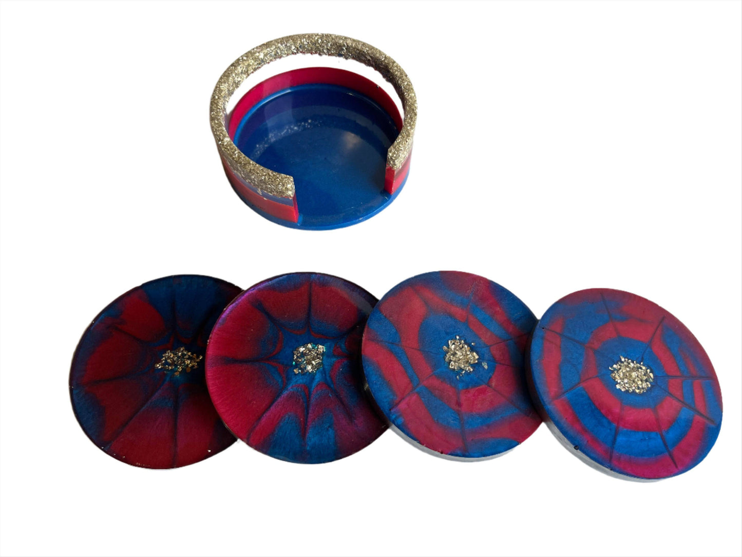 Round Resin Coasters with Holder – Red, Blue, Gold Glitter, Set of 5, 3.5"