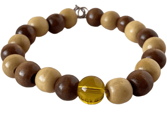 Round Wood Bead Bracelet - 7-Inch with Amber Accent Bead & Circular Clasp