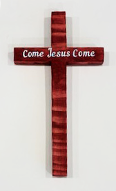 Rustic Catholic crucifix featuring Jesus on the cross, crafted by Miguel Martinez, with a weathered wood finish and detailed religious symbolism.