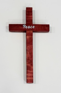 Rustic wooden Catholic cross with peace symbol, 11x6 inches, crafted by Miguel Martinez, suitable for Christian religious decor.