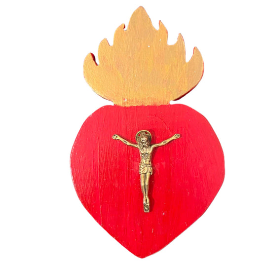 Sacred Heart Art with Crucifix – Hand-Painted on Wood 7"x4.5"