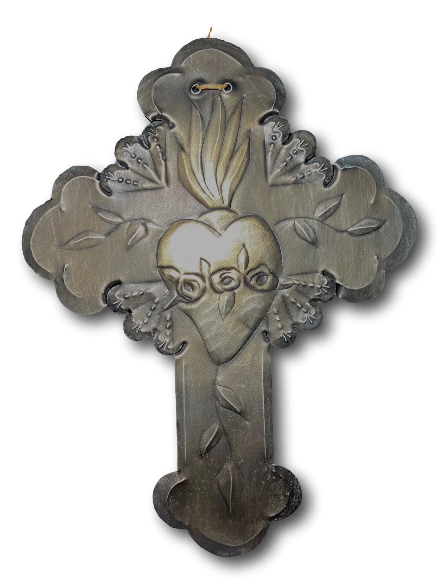Repujado tin cross of Sacred Heart of Jesus by Jerry Montoya, New Mexico Santero artist, wall art, 9x7 inches, Catholic Christian gift.