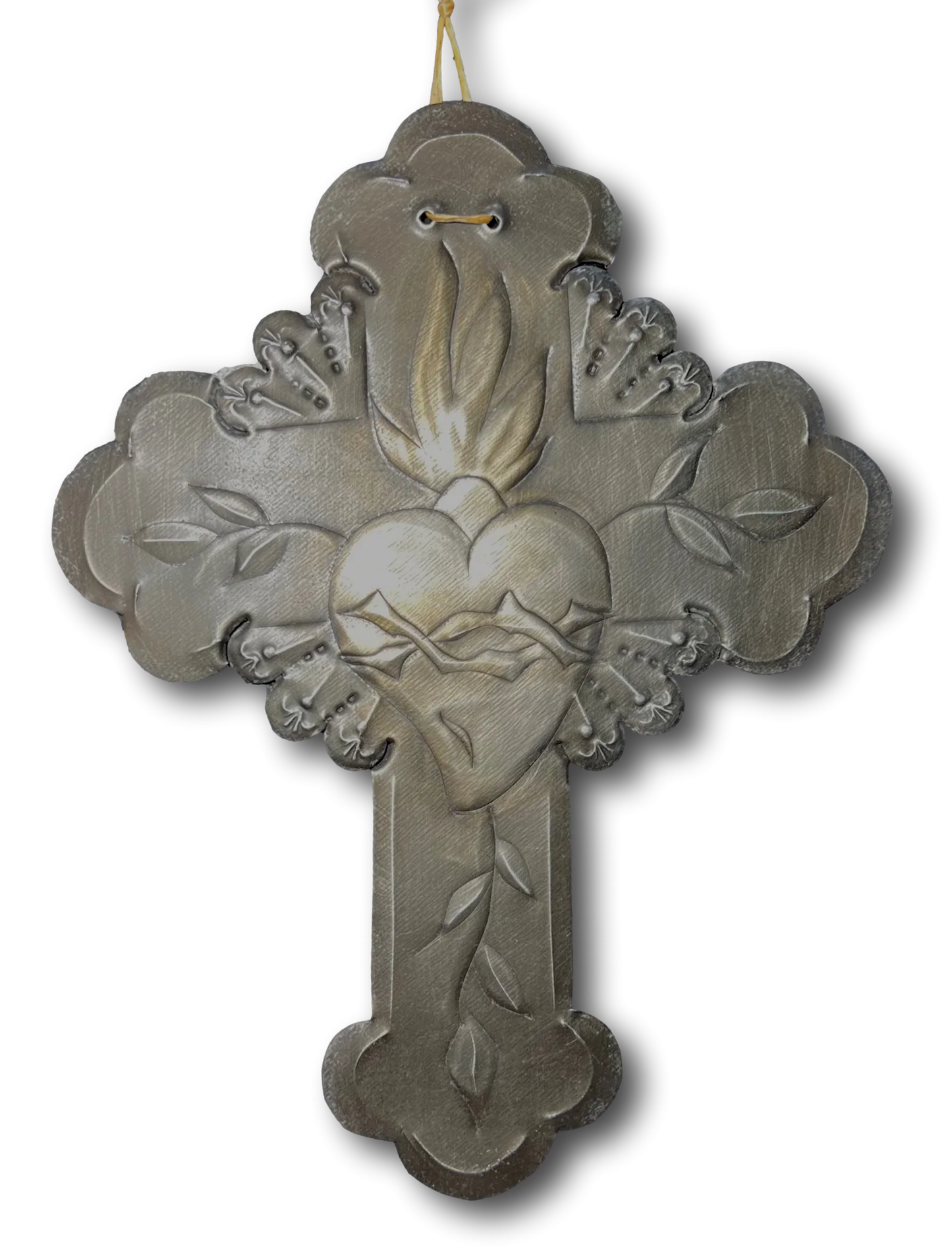 Repujado tin cross featuring Sacred Heart of Jesus by Jerry Montoya, New Mexico Santero artist, wall art, 9x7 inches.