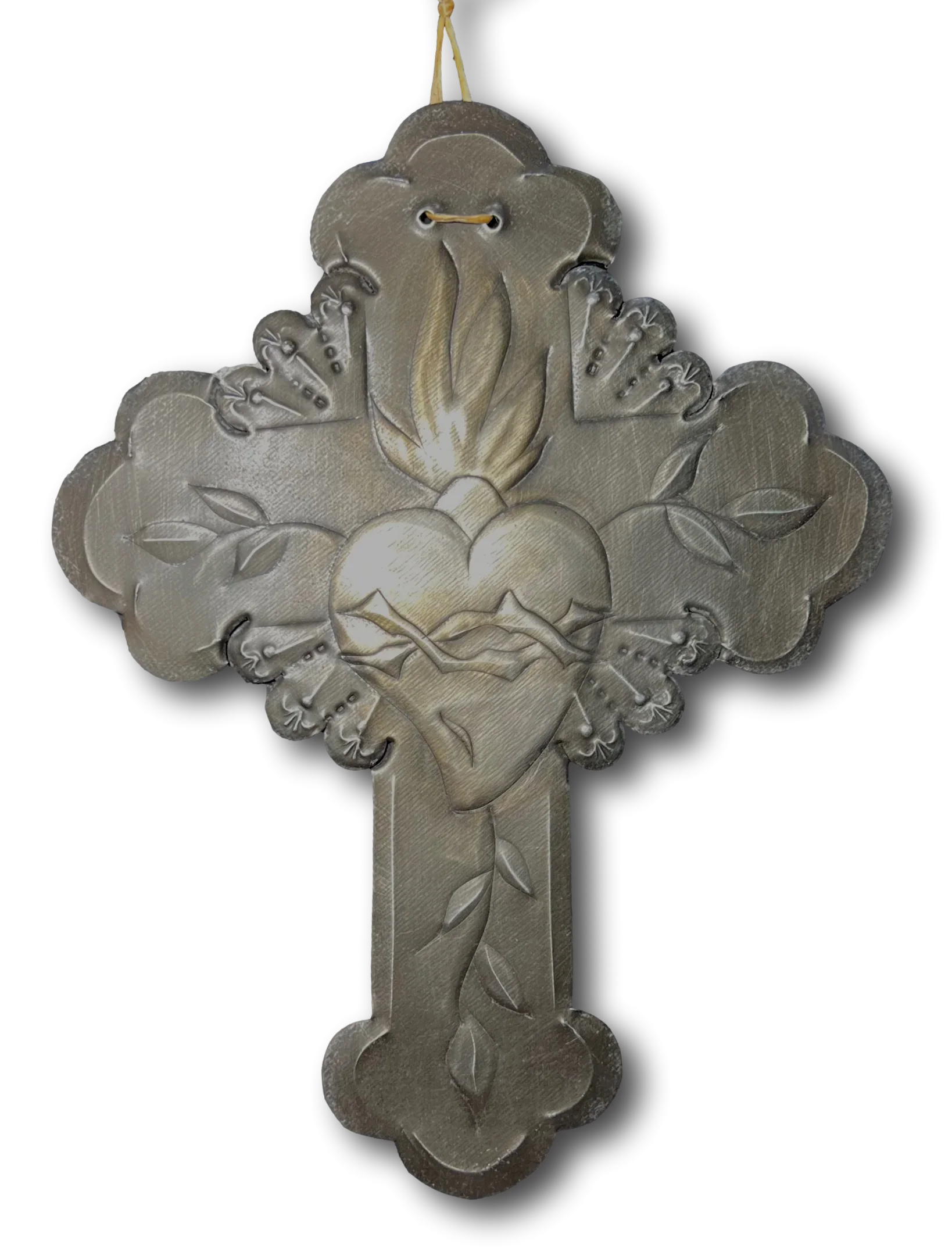 Repujado tin cross featuring Sacred Heart of Jesus by Jerry Montoya, New Mexico Santero artist, wall art, 9x7 inches.
