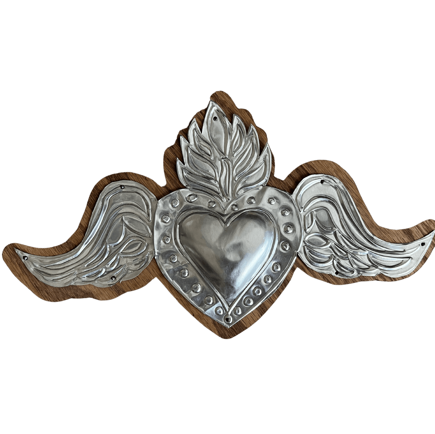 Sacred Heart with Wings Repujado Over Wood – Handcrafted Design