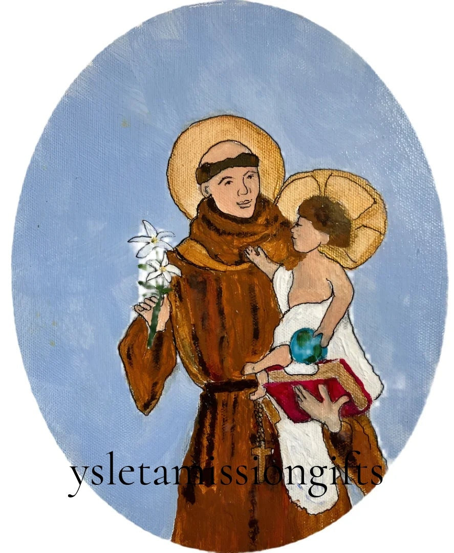 Saint Anthony and Baby Jesus – Hand-Painted Acrylic Portrait on Canvas - Ysleta Mission Gift Shop