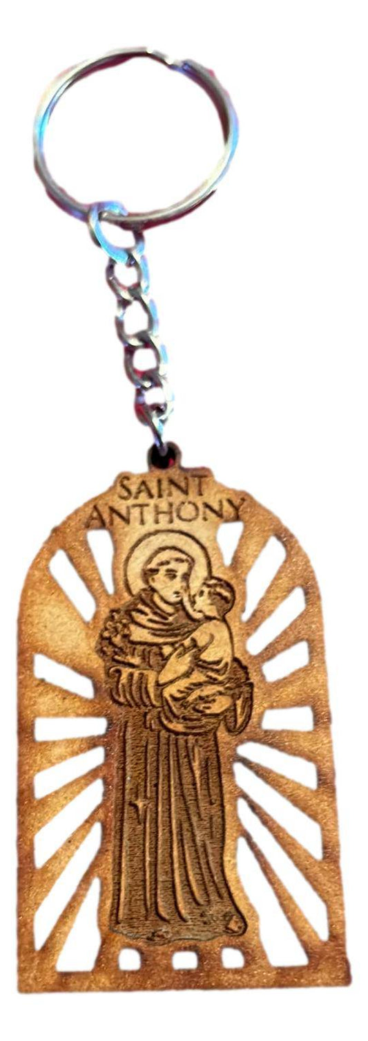 Saint Anthony Keychain – Laser Cut Natural Wood, Paintable, 2.5x1.5 Inches