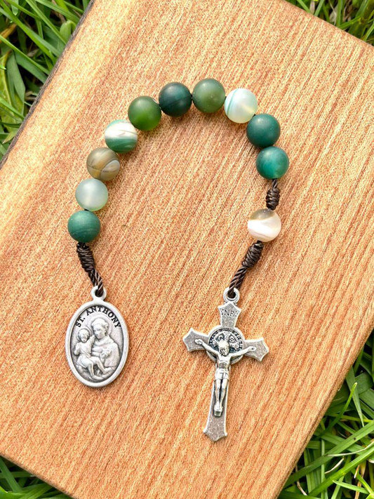 Saint Anthony One Decade Pocket Rosary Catholic Green Striped Agate Stone Beads Saint Benedict Crucifix