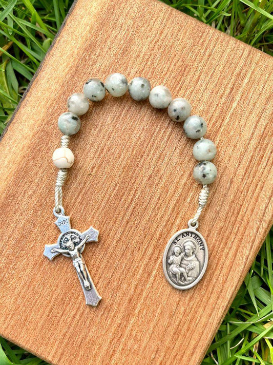 Saint Anthony One Decade Pocket Rosary Catholic Kiwi Jasper Stone Beads Saint Benedict Crucifix