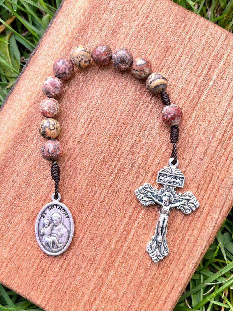 Saint Anthony One Decade Pocket Rosary Catholic Leopard Skin Jasper Stone Beads Pardon Crucifix