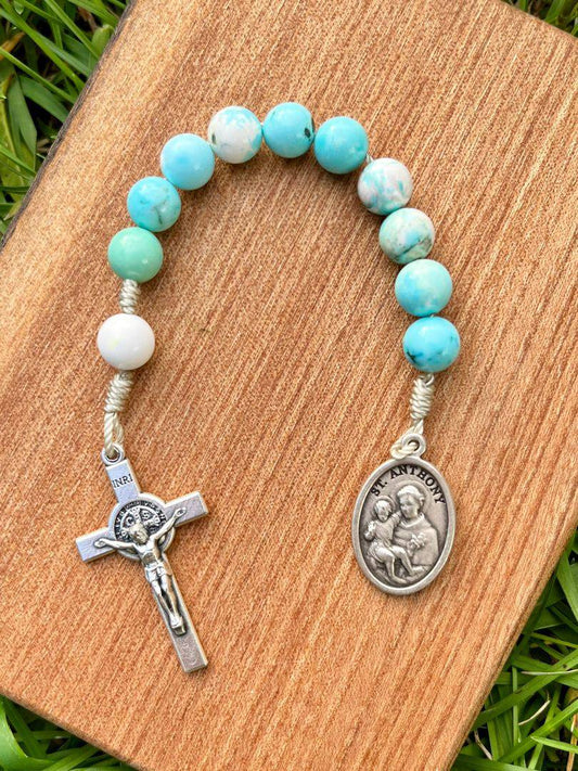 Saint Anthony One Decade Pocket Rosary Catholic Light Blue Howlite Stone Beads Saint Benedict Crucifix