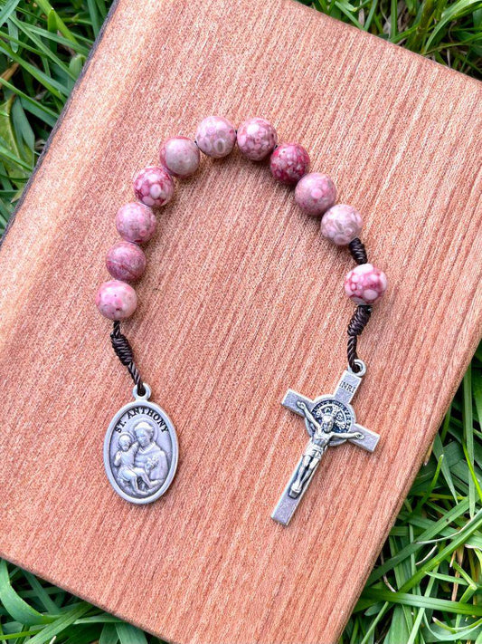 Saint Anthony One Decade Pocket Rosary Catholic Maifanite Stone Beads Saint Benedict Crucifix