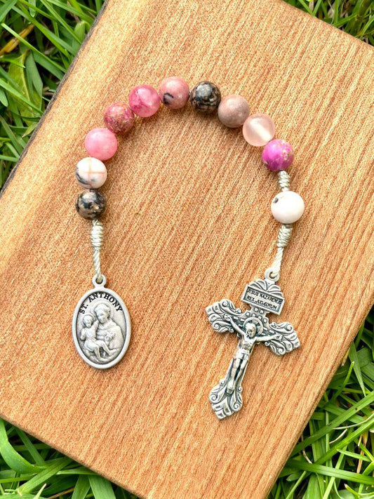 Saint Anthony One Decade Pocket Rosary Catholic Mixed Pink Stone Beads Pardon Crucifix