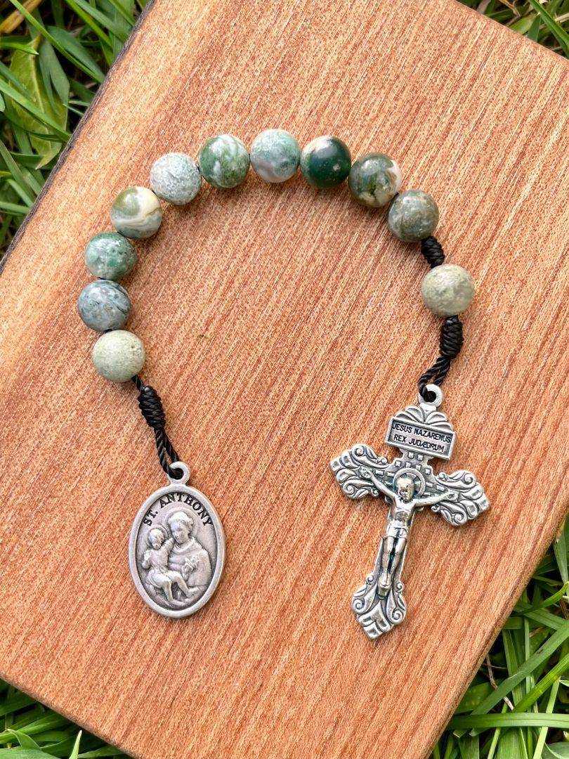 Saint Anthony One Decade Pocket Rosary Catholic Tree Agate Stone Beads Pardon Crucifix