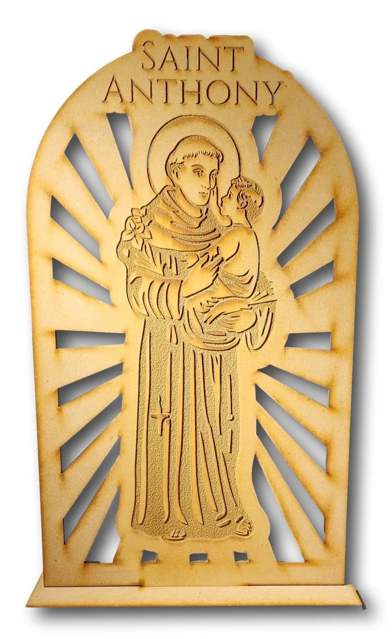 Laser cut natural wood Saint Anthony plaque, paintable devotional gift with base, 6.75x11.5 inches, by Norma Cordova De Schaefer