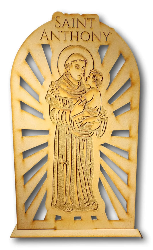 Laser cut natural wood Saint Anthony plaque, paintable devotional gift with base, 6.75x11.5 inches, by Norma Cordova De Schaefer
