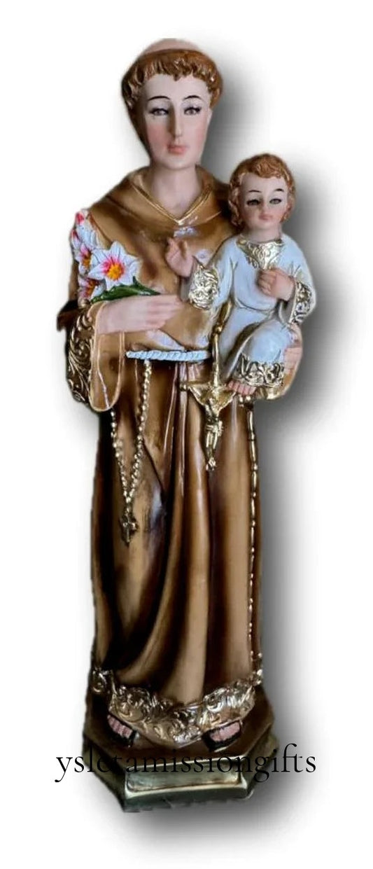 12-inch resin Saint Anthony statue holding Christ Child, Catholic religious gift with detailed craftsmanship and gentle expression.