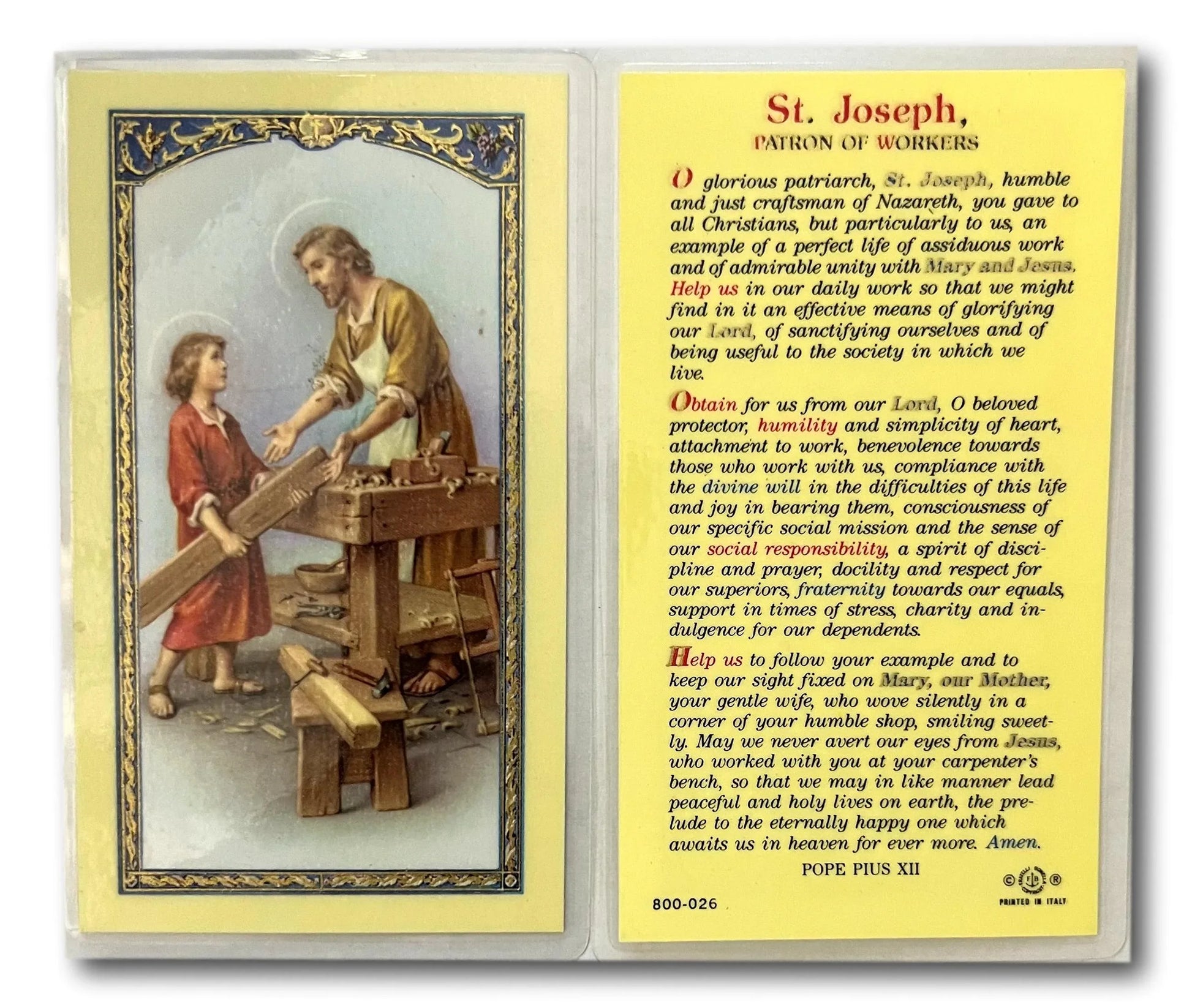 Laminated Saint Joseph Catholic prayer card featuring image of Saint Joseph, patron of workers and fathers, from Ysleta Mission Gift Shop