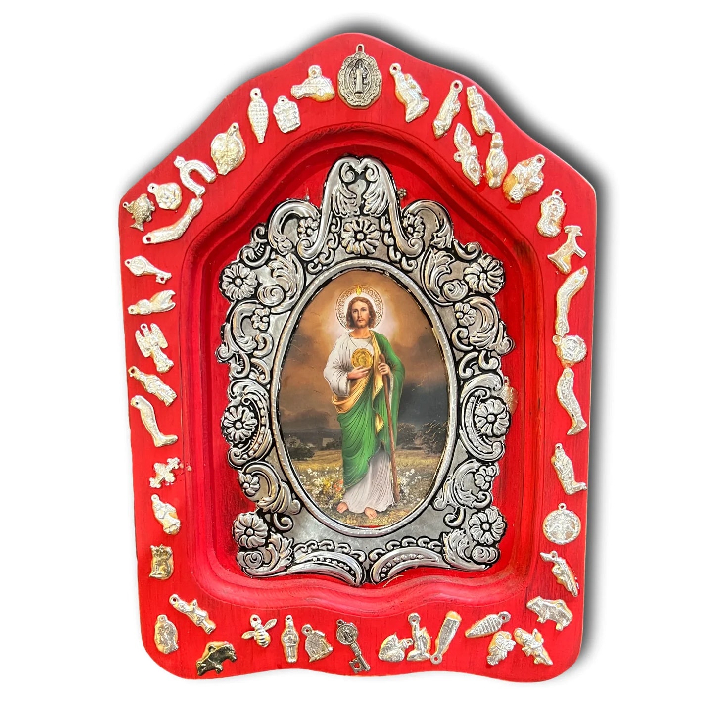 3D hand-embossed aluminum Saint Jude wood niche Ex Voto Miracles Catholic Christian devotional wall art by Marilu Fuentes