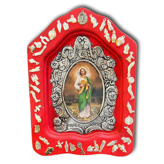 3D hand-embossed aluminum Saint Jude wood niche Ex Voto Miracles Catholic Christian devotional wall art by Marilu Fuentes