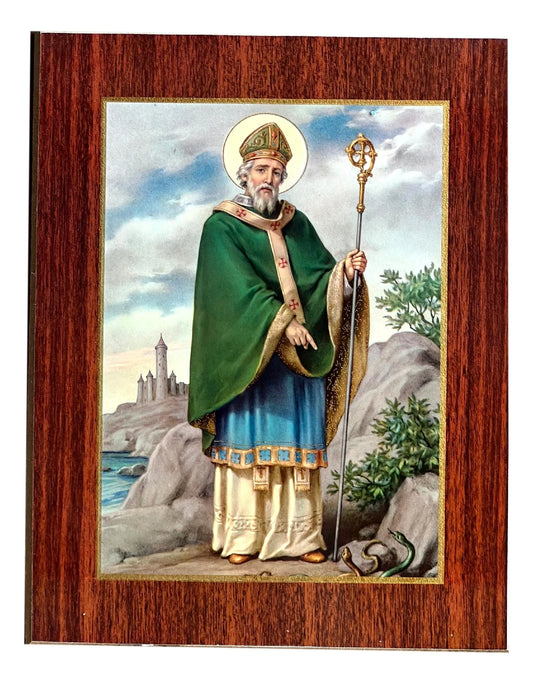 Handcrafted Saint Patrick wood plaque, 9x7 inches, Catholic religious art with detailed Christian imagery from Ysleta Mission Gift Shop.