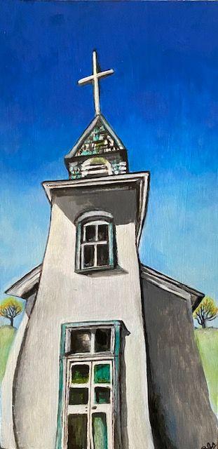Acrylic painting of San Patricio Church on thick wood canvas by Susan W Perez, measuring 8x16 inches, home decor artwork.