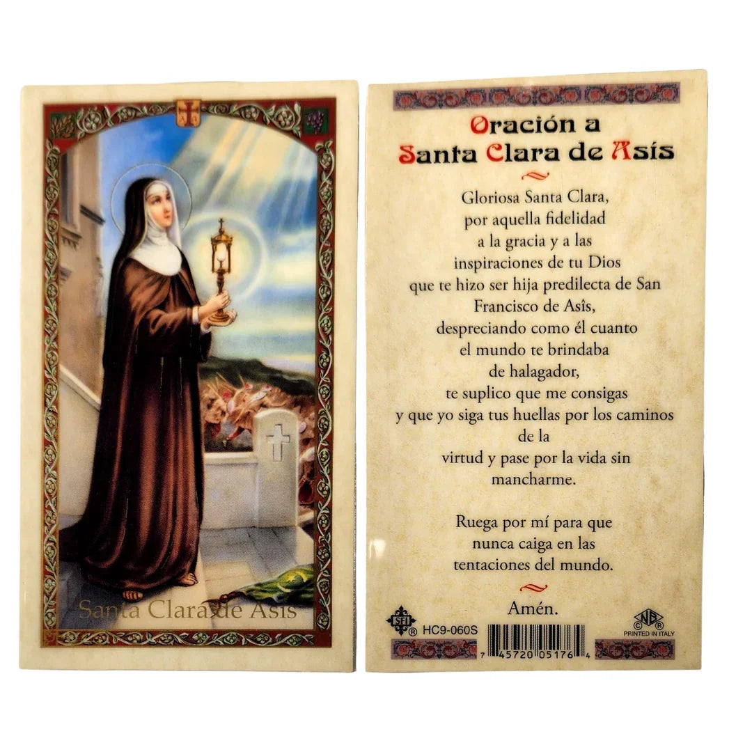 Santa Clara Prayer Card HC9-060S featuring Catholic devotional design, pocket-sized Christian gift with religious imagery.