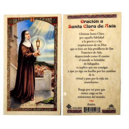 Santa Clara Prayer Card HC9-060S featuring Catholic devotional design, pocket-sized Christian gift with religious imagery.
