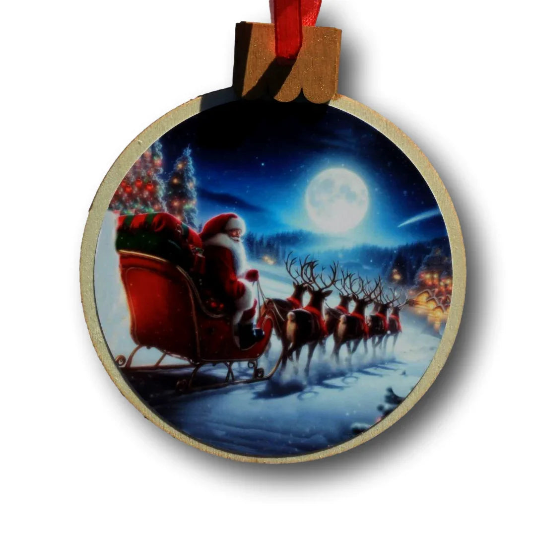 Santa with Sled Ornament – Rustic Wood Round, 3.77 x 4.29 in