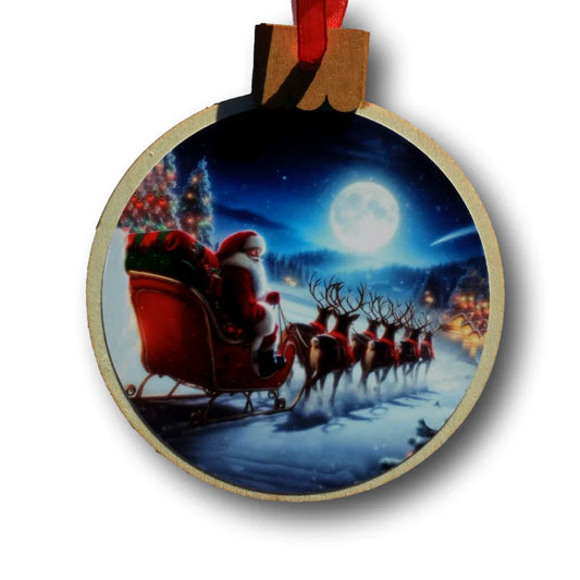 Santa with Sled Ornament – Rustic Wood Round, 3.77 x 4.29 in