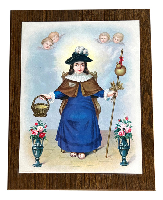 Wood plaque featuring Santo Nino de Atocha religious figure, 9x7 inches, Catholic Christian decor, handcrafted by Ysleta Mission.