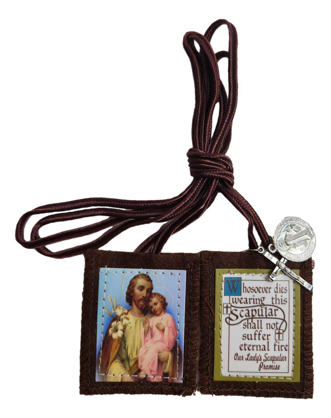 Scapular Saint Joseph Brown Medal a Cross Felt Cloth Metal