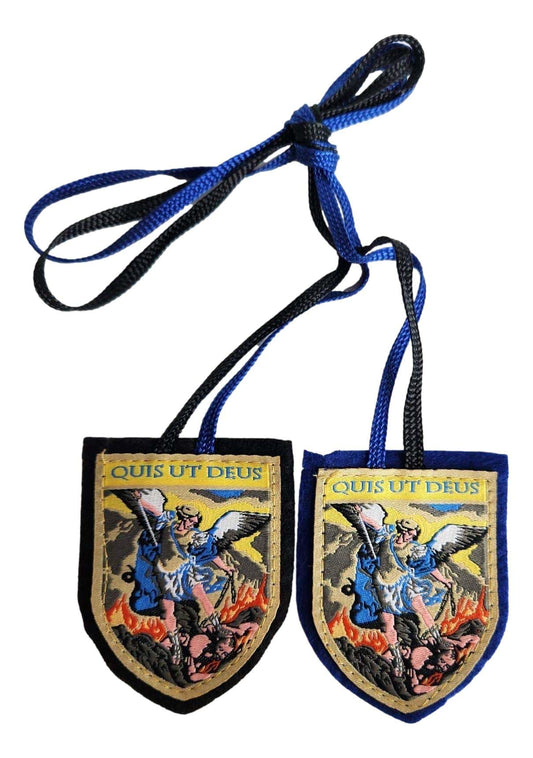 Scapular Saint Michael Quis Ut Deus Blue Black Woven Shield Shape