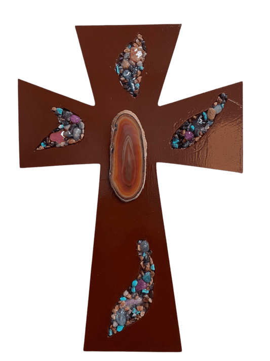 Semiprecious Stones & Geode Resin Cross – Wood Backing