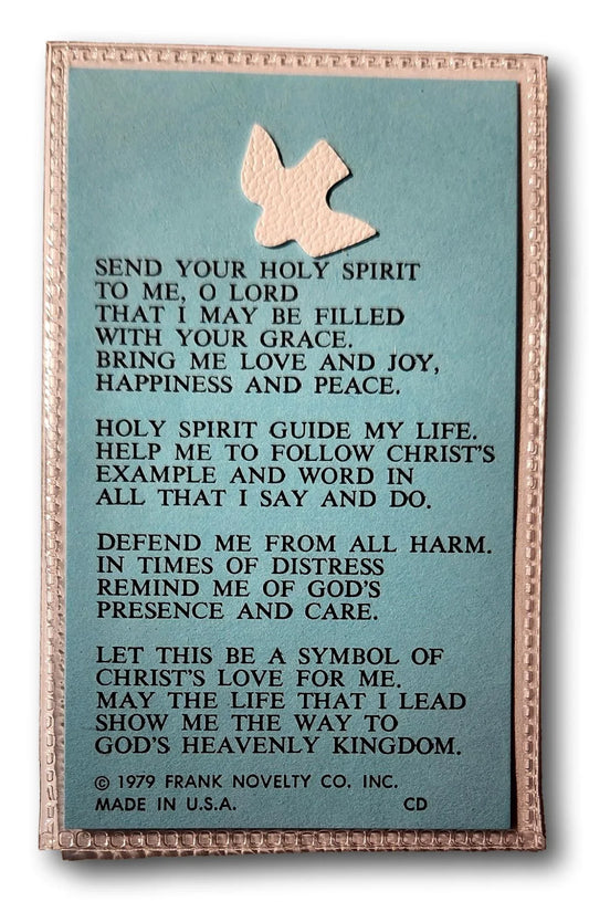 Laminated Send Your Holy Spirit prayer card in English, Catholic devotional gift from Ysleta Mission Gift Shop.