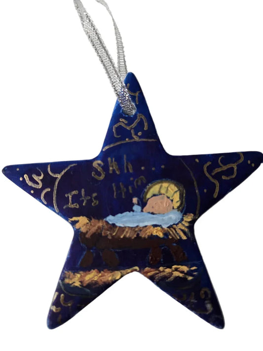 Shh, It’s Him Hand-Painted Ceramic Ornament – 3" Oil Painting Holiday Décor
