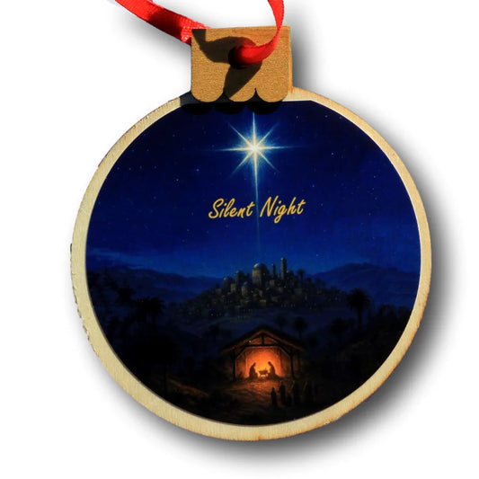 Silent Night Ornament – Rustic Wood Round, 3.77 x 4.29 in
