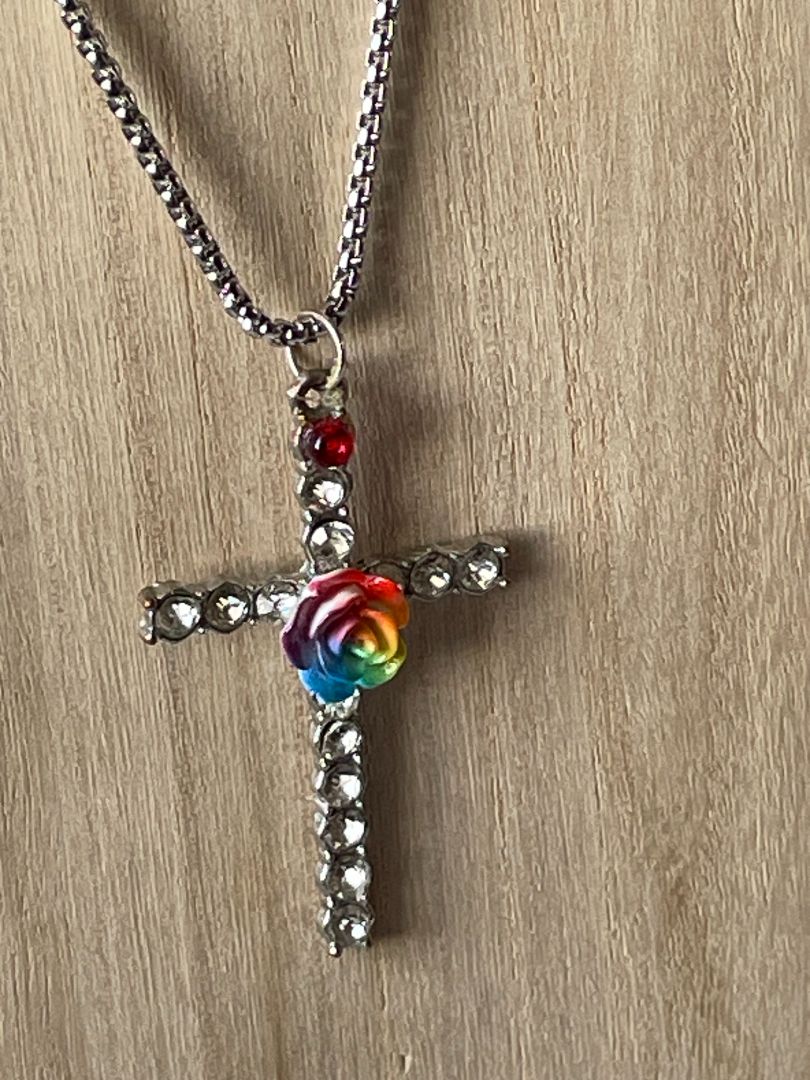 Silver Diamond Cross Necklace with Rainbow Resin Flower - 22-Inch Serpentine Chain